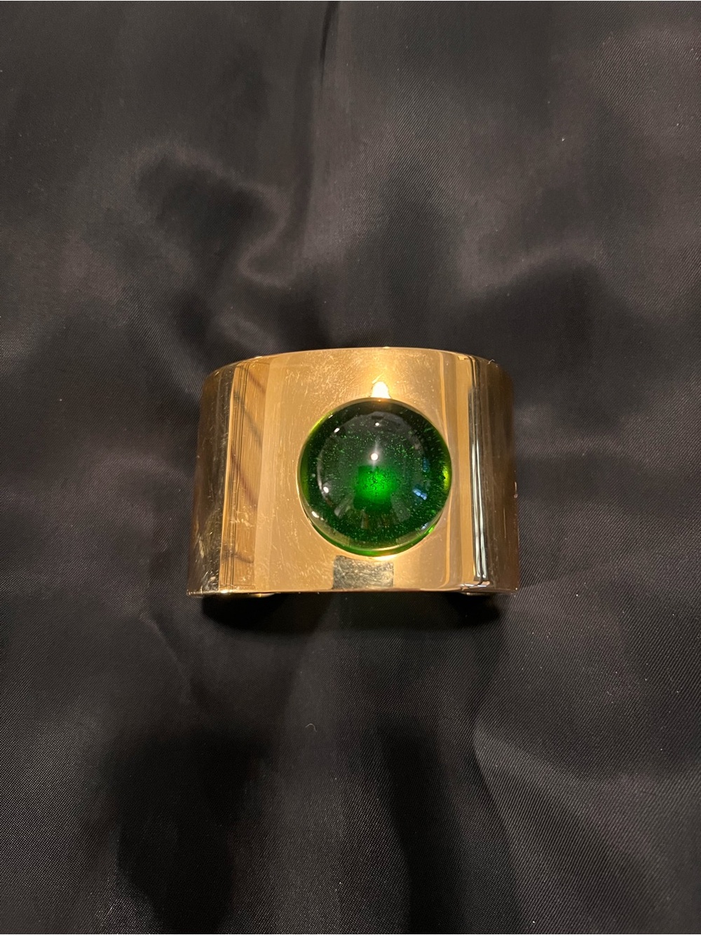 Gold Cuff Bracelet with Green Glass Dome